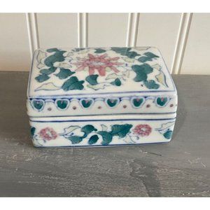 Vintage Trinket Box Small Rectangle Floral Ivy Pink Green Blue Ceramic Lid China